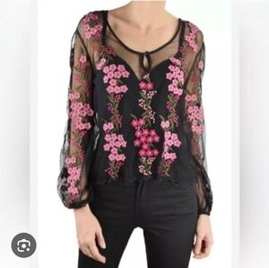 Floral Embroidered Sheer Black Top St Roche Size Small